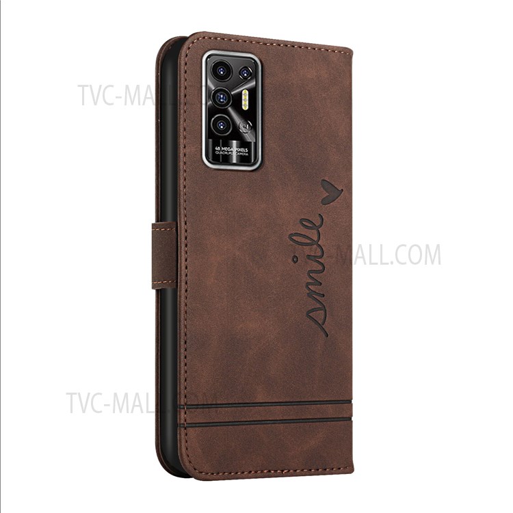 003 Series Heart Shape Imprinted Design Skin-touch PU Leather Magnetic Clasp Phone Drop-proof Cover Shell with Stand Wallet for Tecno Pova 2 - Coffee-3