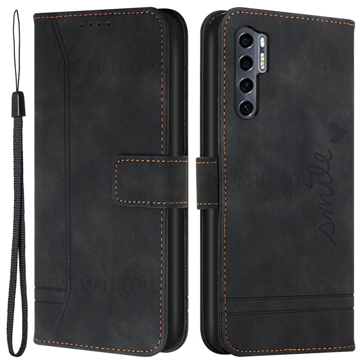 003 Series Heart Shape Imprinted PU Leather Skin-touch Stand Wallet Design Phone Cover Case with Wrist Strap for TCL 20 Pro 5G - Black-1