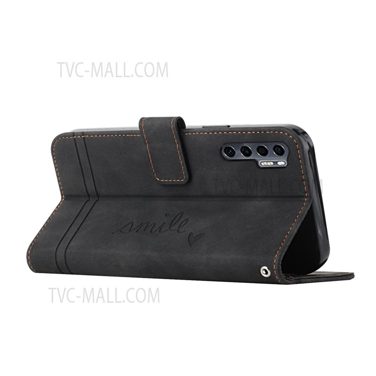 003 Series Heart Shape Imprinted PU Leather Skin-touch Stand Wallet Design Phone Cover Case with Wrist Strap for TCL 20 Pro 5G - Black-5