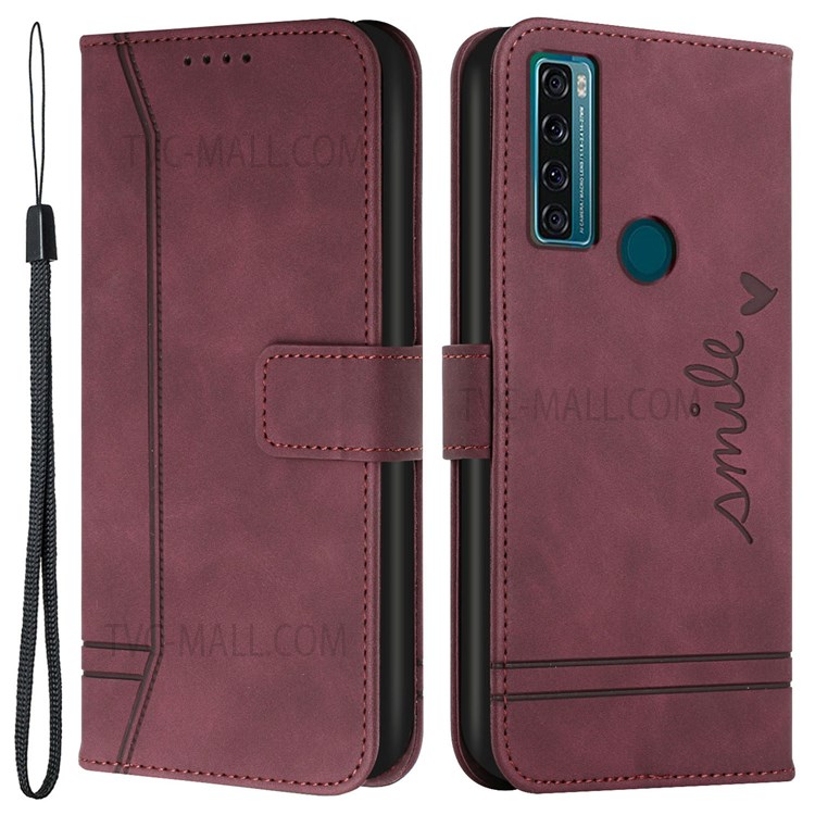 003 Series PU Leather Heart Shape Imprinted Skin-touch Stand Wallet Flip Phone Cover Case with Wrist Strap for TCL 20 SE - Red-1