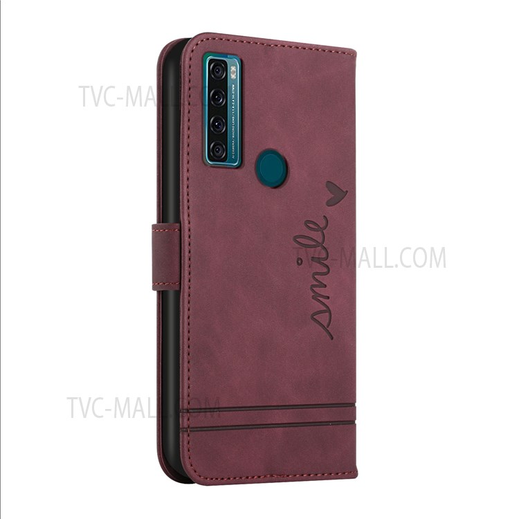 003 Series PU Leather Heart Shape Imprinted Skin-touch Stand Wallet Flip Phone Cover Case with Wrist Strap for TCL 20 SE - Red-3