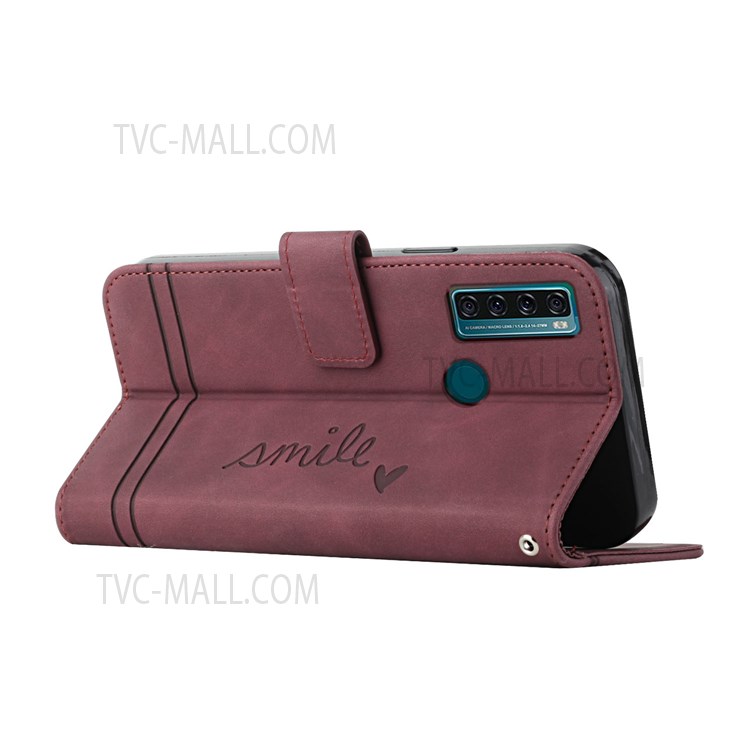 003 Series PU Leather Heart Shape Imprinted Skin-touch Stand Wallet Flip Phone Cover Case with Wrist Strap for TCL 20 SE - Red-5