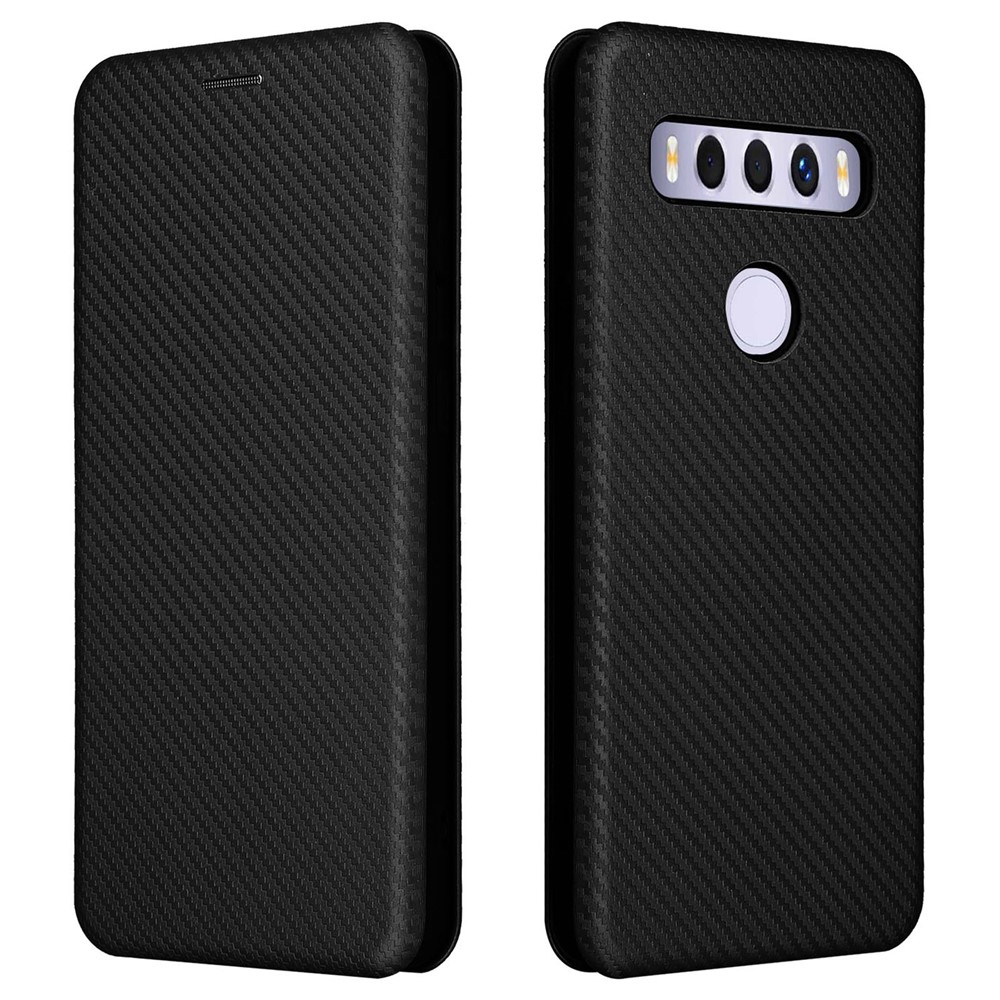 Carbon Fiber Texture Auto-absorbed Magnetic Leather Stand Phone Case Shell with Card Slot for TCL 10 SE - Black-1