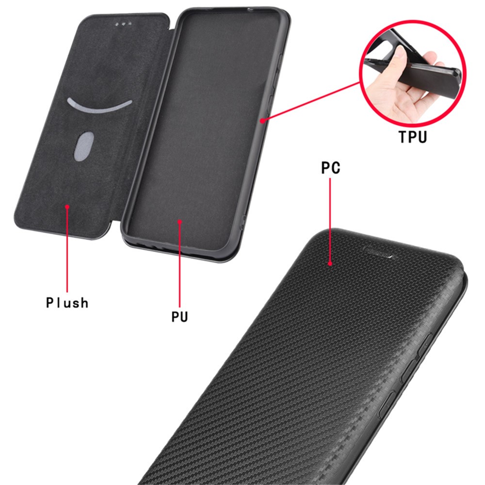 Carbon Fiber Texture Auto-absorbed Magnetic Leather Stand Phone Case Shell with Card Slot for TCL 10 SE - Black-10