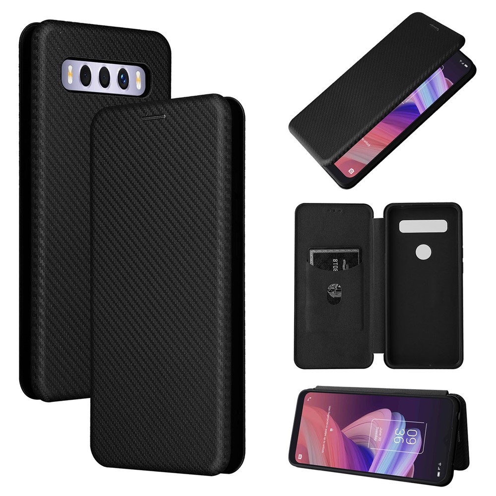 Carbon Fiber Texture Auto-absorbed Magnetic Leather Stand Phone Case Shell with Card Slot for TCL 10 SE - Black-11