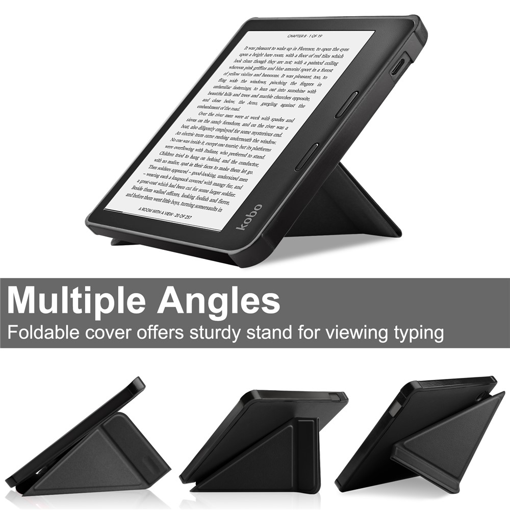 Auto Wake/Sleep Function PU Leather Case Solid Color Origami Stand Protective E-reader Cover for Kobo Libra 2 - Black-3
