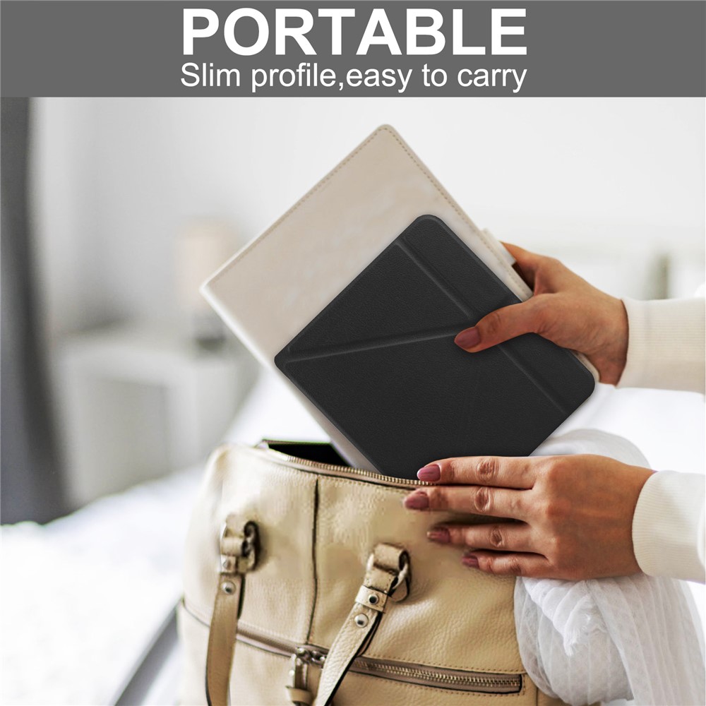 Auto Wake/Sleep Function PU Leather Case Solid Color Origami Stand Protective E-reader Cover for Kobo Libra 2 - Black-7