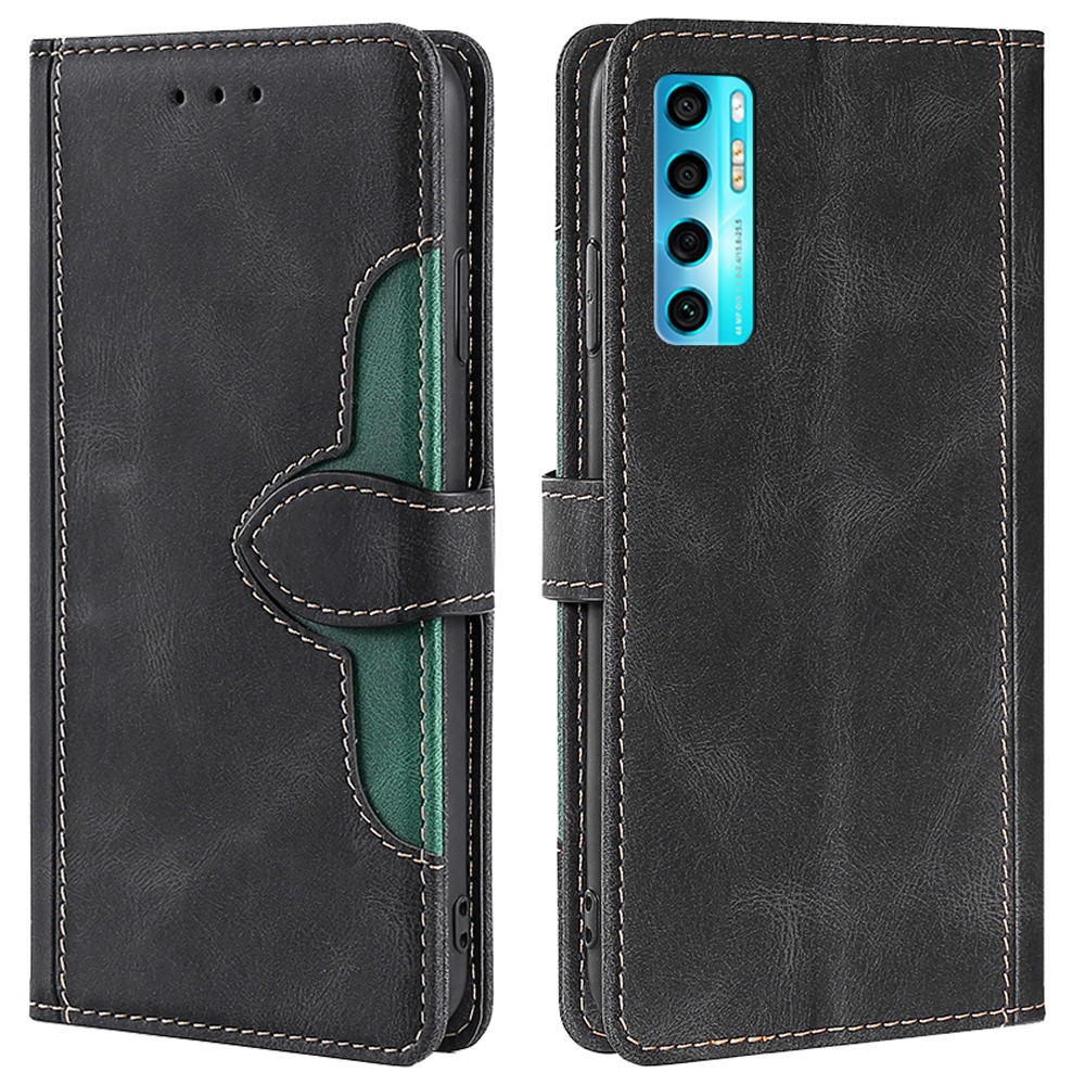 PU Leather + TPU Mobile Phone Cover Bi-color Splicing Style Flip Wallet Stand Anti-fall Cell Phone Case for TCL Pro 5G - Black-1