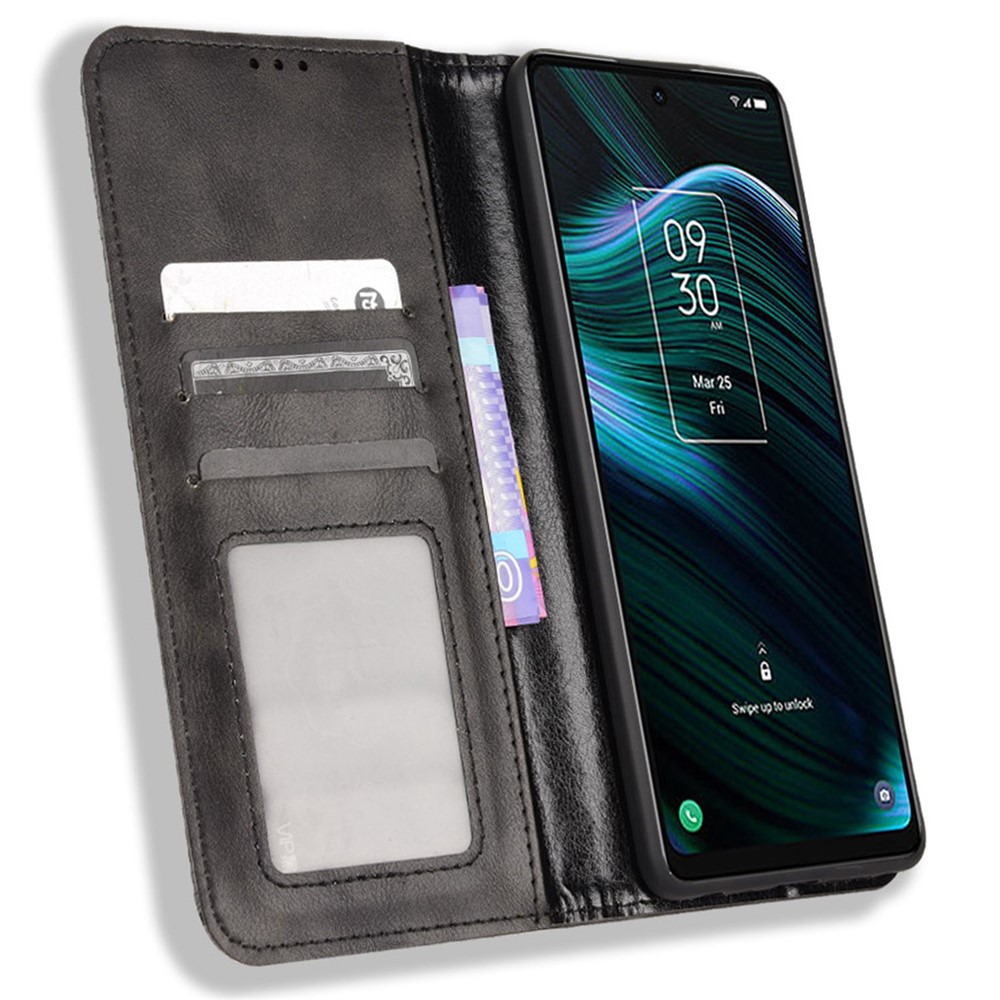 Wallet Stand Retro Texture Leather Case for TCL Stylus 5G, Magnetic Auto Closure Phone Cover - Black-2