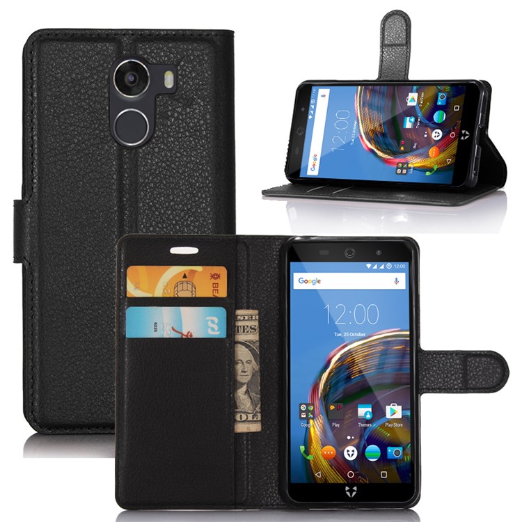 For Wileyfox Swift 2 Litchi Grain Wallet Stand Leather Case Cover - Black-1