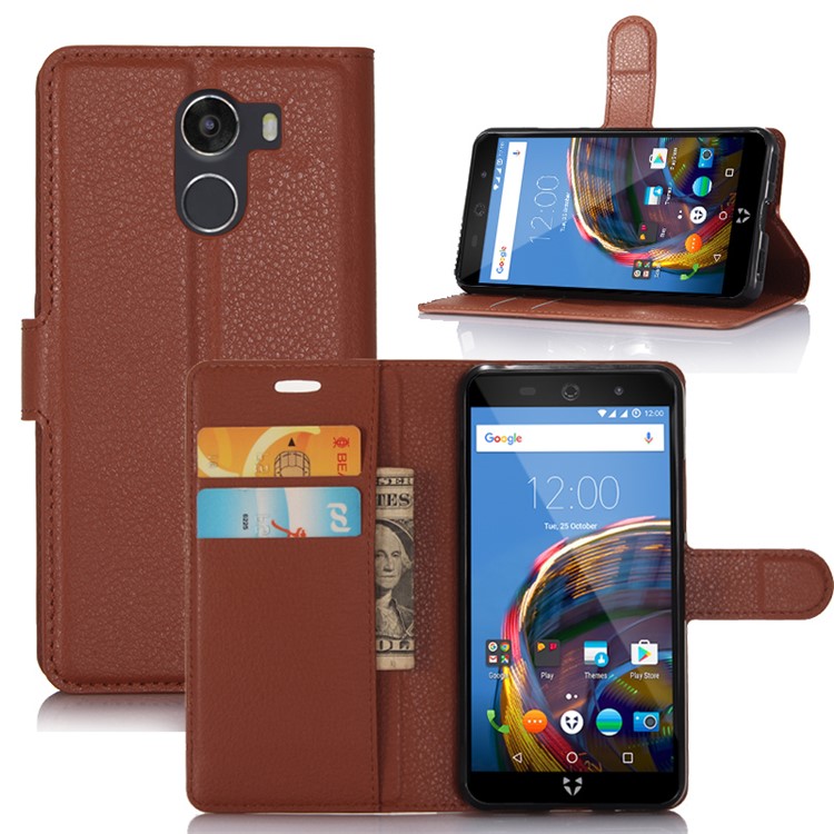 For Wileyfox Swift 2 Litchi Grain Wallet Leather Case Accessory - Brown-1