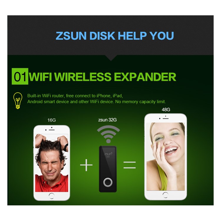 ZSUN 2 Smart WiFi Storage Disk 32GB USB Flash Drive for iPhone 6s Plus/6Plus/6s/6 Samsung S6 Edge/S6 Etc - Black-10