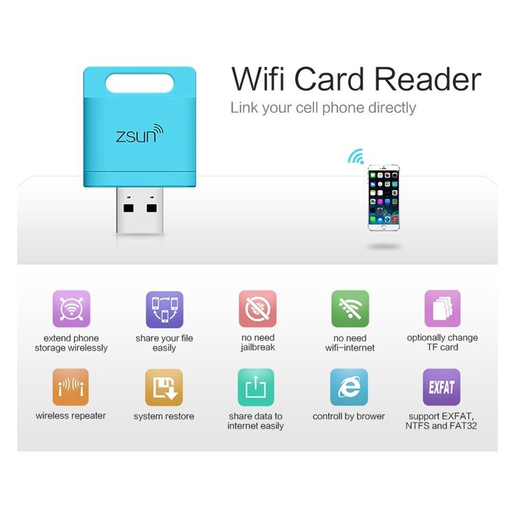 ZSUN 2TB WiFi USB 2.0 TF Card Reader for iOS Android Windows - White-11