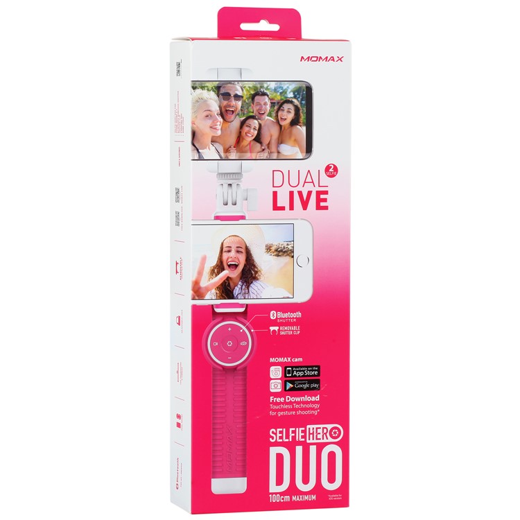 MOMAX Selfie Hero DUO Dual Mount Adapter Handheld Bluetooth Selfie Stick for iPhone GoPro - Rose-17