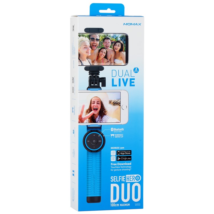 MOMAX Selfie Hero DUO Extendable Dual Holder Bluetooth Selfie Stick Monopod for iPhone GoPro - Blue-17