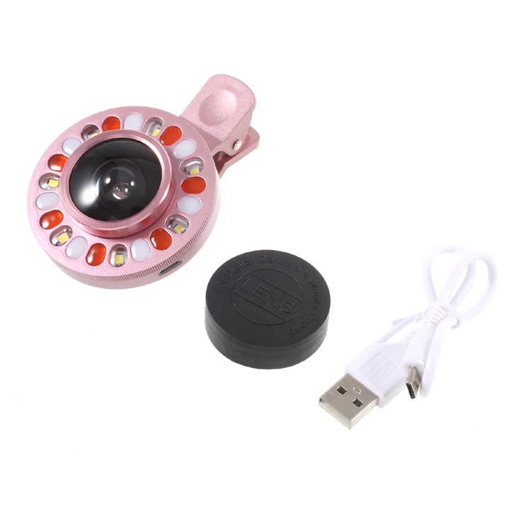 4 Gears Dimmable LED Compensation Light + Clip-on 0.4x Wide Angle Lens for iPhone Samsung - Pink-16