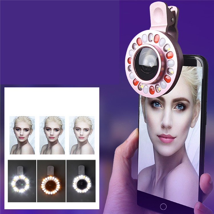 4 Gears Dimmable LED Compensation Light + Clip-on 0.4x Wide Angle Lens for iPhone Samsung - Pink-17