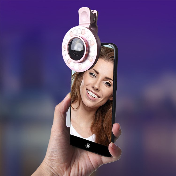 4 Gears Dimmable LED Compensation Light + Clip-on 0.4x Wide Angle Lens for iPhone Samsung - Pink-18