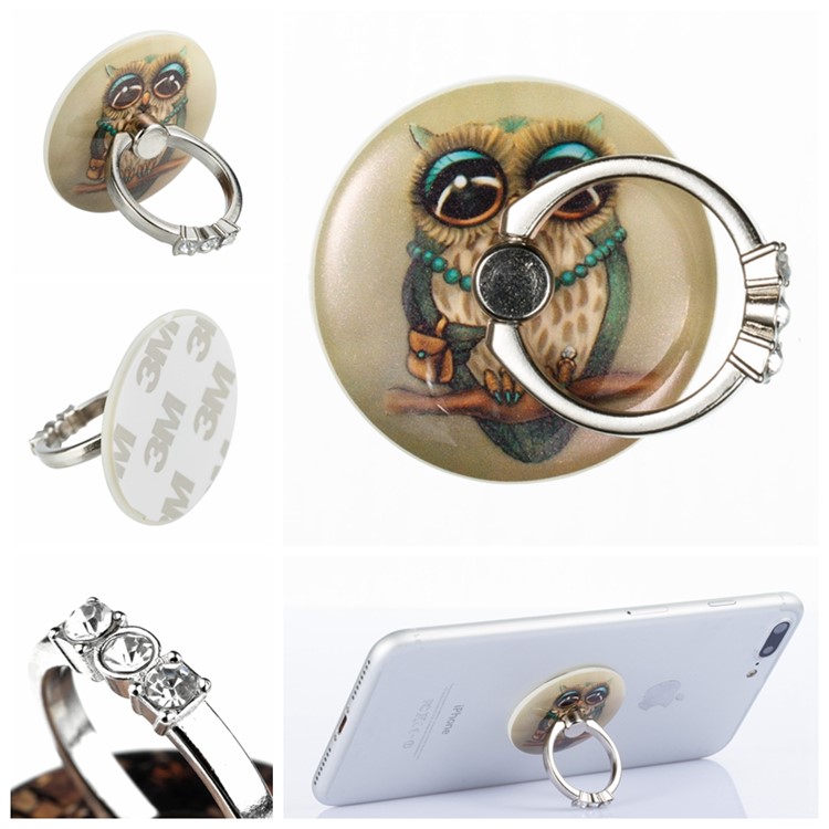 Patterned Universal Smartphone Kickstand Rhinestone Finger Grip Ring Holder for iPhone Samsung Sony Etc. - Fashion Owl-1
