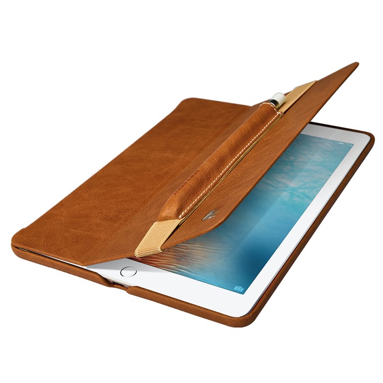 JISONCASE for Apple Pencil Genuine Cowhide Leather Pencil Pouch with Elastic Strap - Brown-1