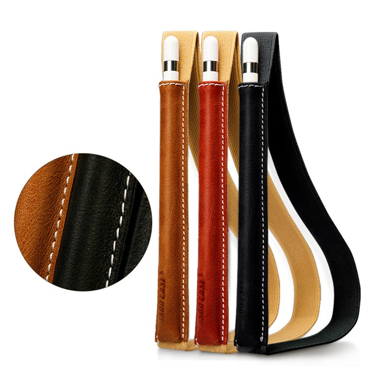 JISONCASE for Apple Pencil Genuine Cowhide Leather Pencil Pouch with Elastic Strap - Brown-4
