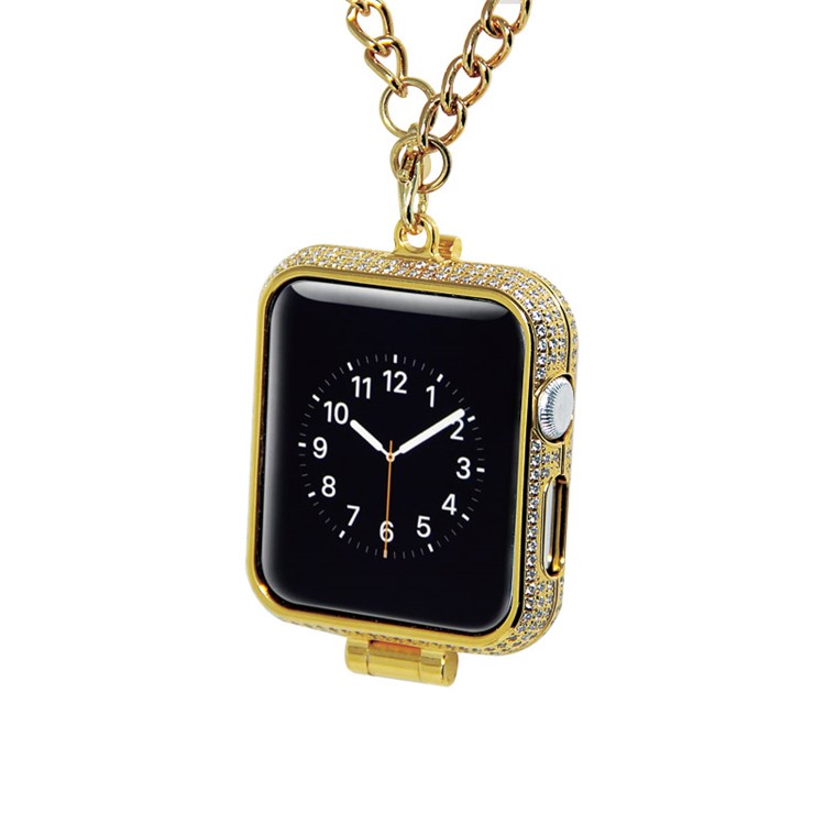 Luxury Diamond Pocket Watch Protective Shell with Chain for Apple Watch Series 3/2/1 42mm - Gold-7