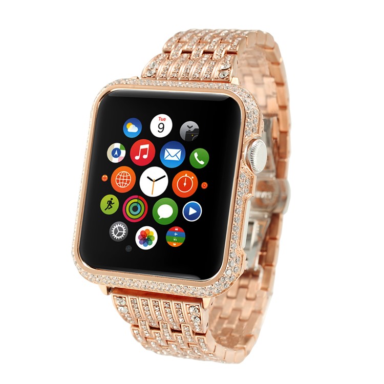 Luxury Diamond Decor Watch Protective Frame for Apple Watch Series 3/2/1 38mm - Rose Gold + Silver-11