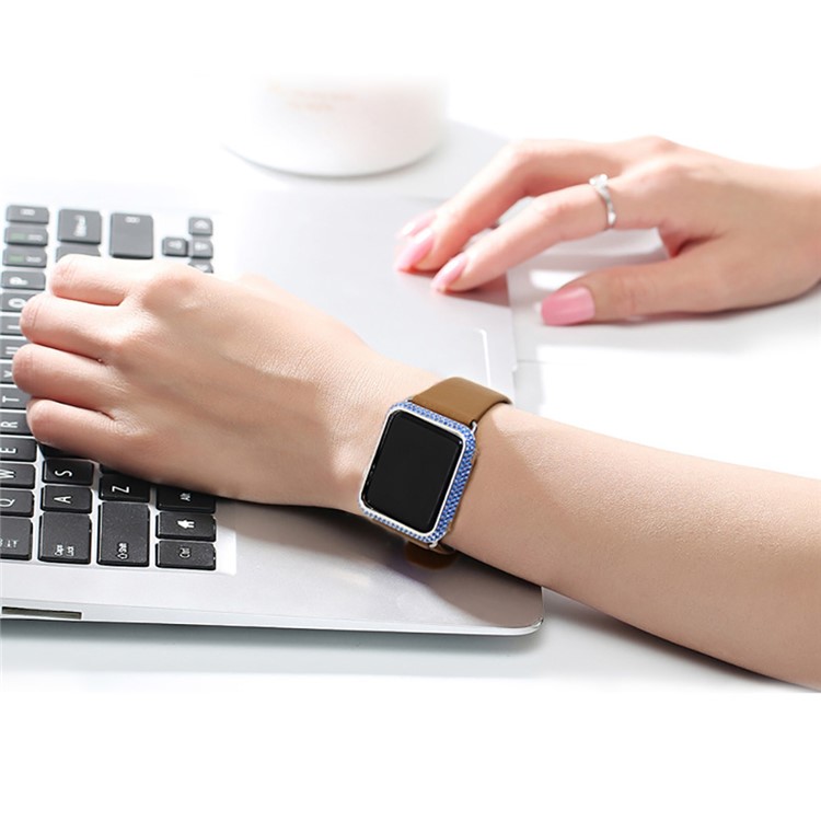 Luxury Diamond Decor Metal Protective Cover for Apple Watch Series 3/2/1 38mm - Silver + Blue-10