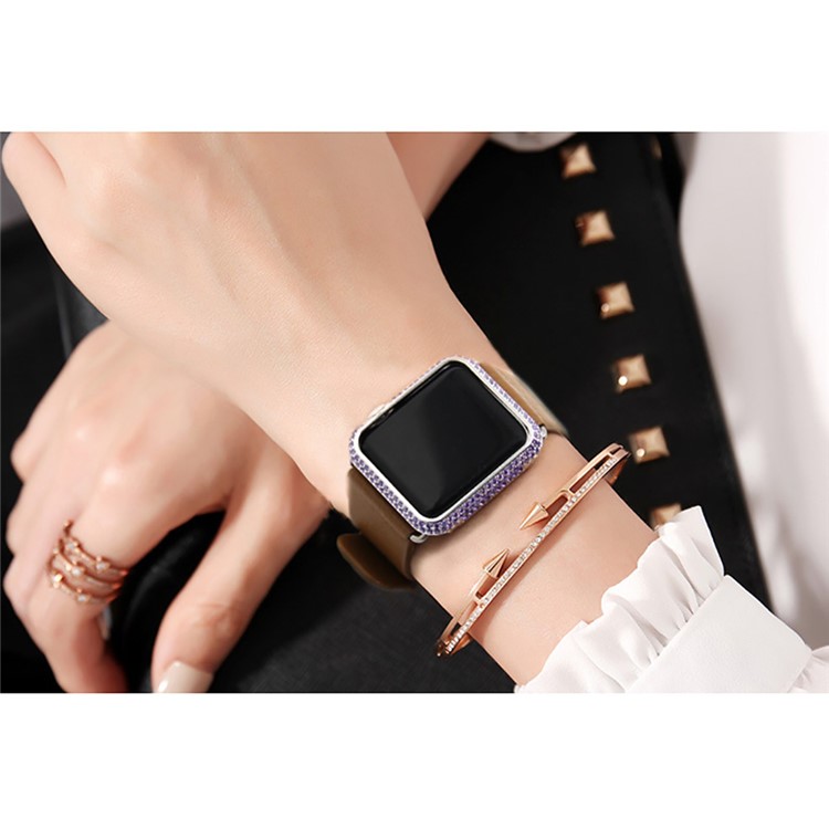 Luxury Diamond Decor Metal Protective Frame for Apple Watch Series 3/2/1 38mm - Silver + Purple-10
