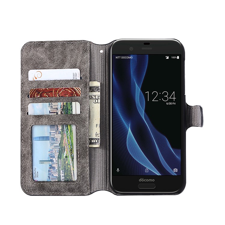 Vintage Matte Leather Wallet Stand Cover for Sharp Aquos R SH-03J - Grey-4