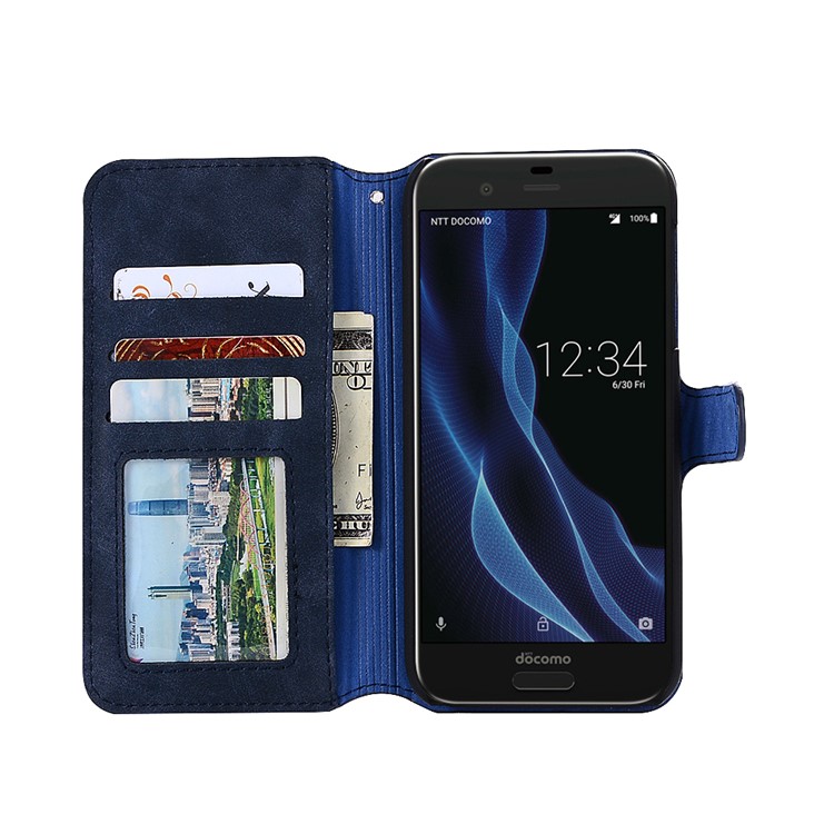 Vintage Matte Leather Wallet Stand Mobile Case for Sharp Aquos R SH-03J - Dark Blue-4