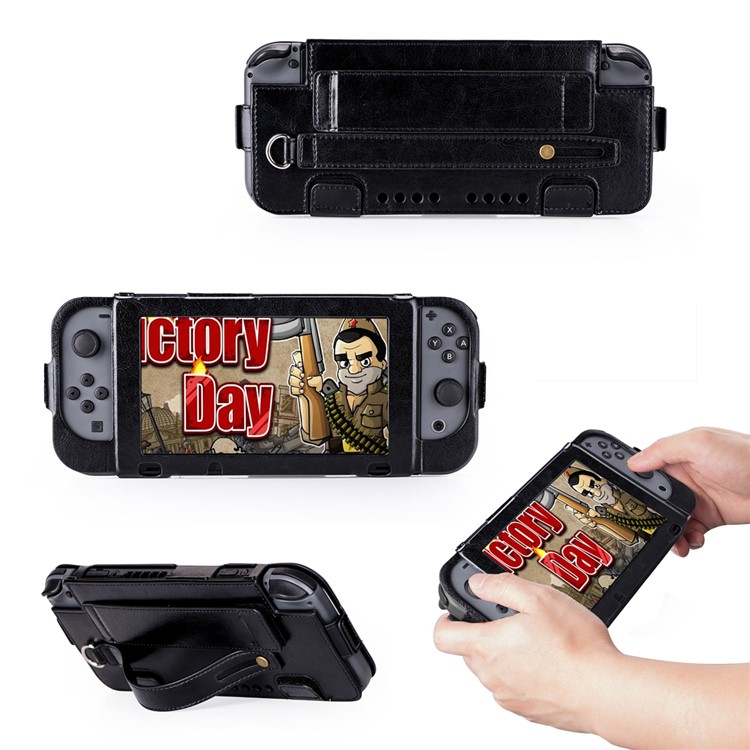 Leather Protective Case with Kickstand, Game Card Holder and Wrist Strap for Nintendo Switch 2017 - Black-1