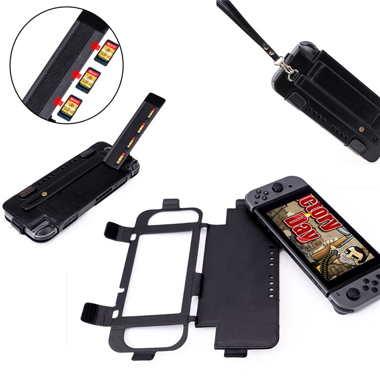 Leather Protective Case with Kickstand, Game Card Holder and Wrist Strap for Nintendo Switch 2017 - Black-15