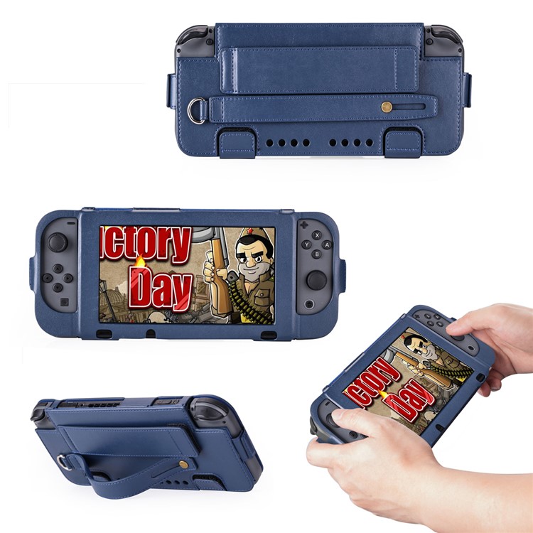 For Nintendo Switch 2017 Game Card Holder Leather Protective Cover with Kickstand and Wrist Strap - Blue-1
