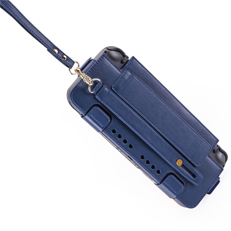 For Nintendo Switch 2017 Game Card Holder Leather Protective Cover with Kickstand and Wrist Strap - Blue-10