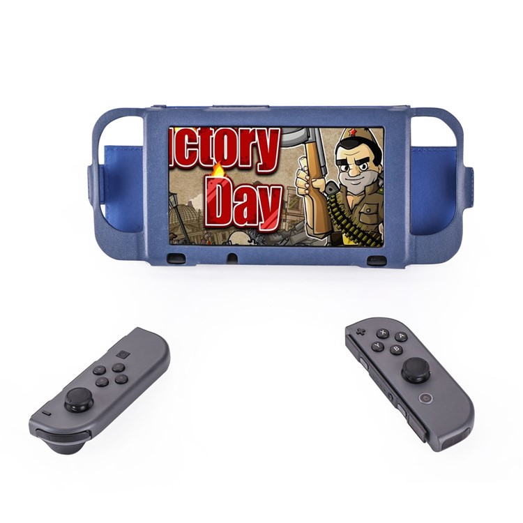 For Nintendo Switch 2017 Game Card Holder Leather Protective Cover with Kickstand and Wrist Strap - Blue-11
