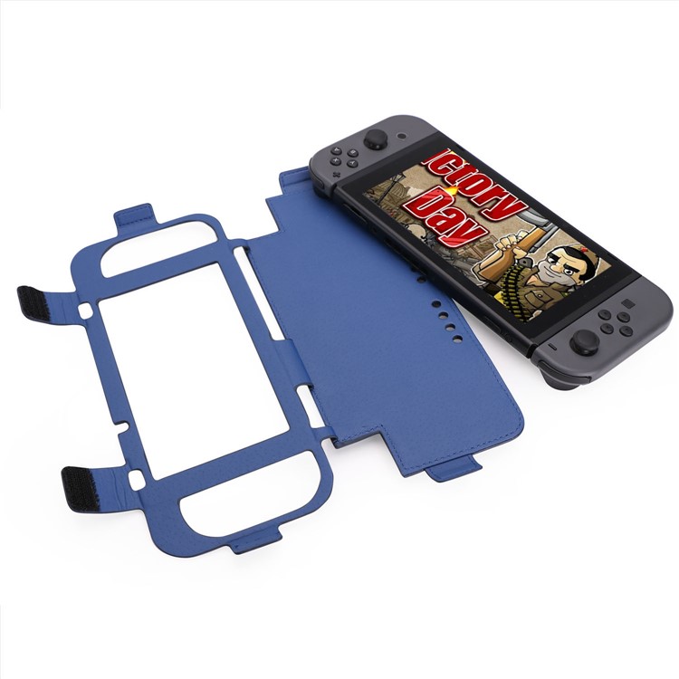 For Nintendo Switch 2017 Game Card Holder Leather Protective Cover with Kickstand and Wrist Strap - Blue-12