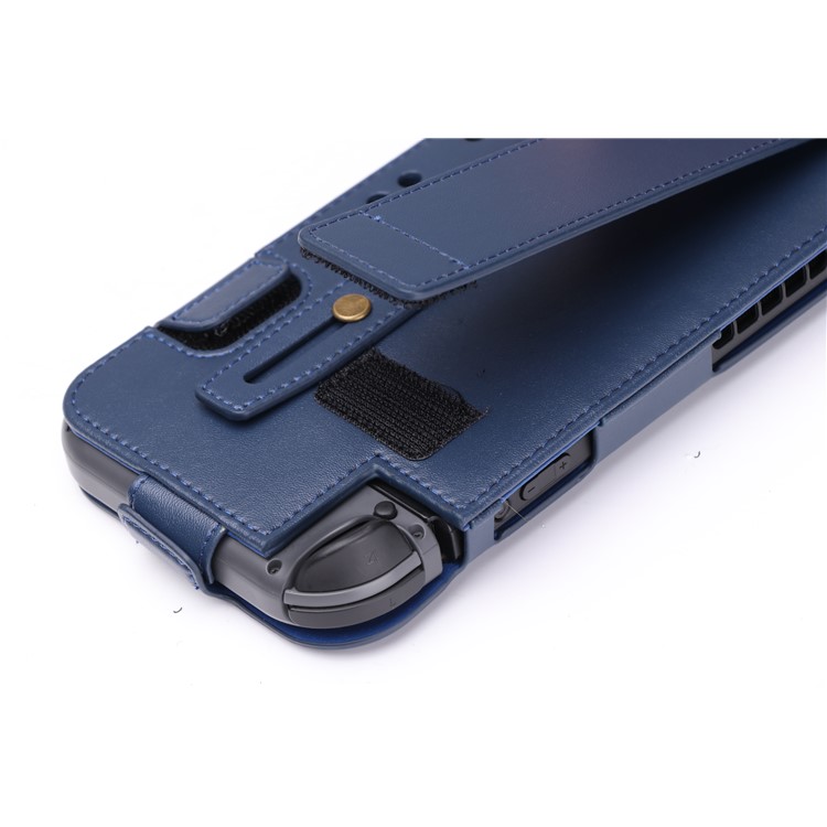 For Nintendo Switch 2017 Game Card Holder Leather Protective Cover with Kickstand and Wrist Strap - Blue-13