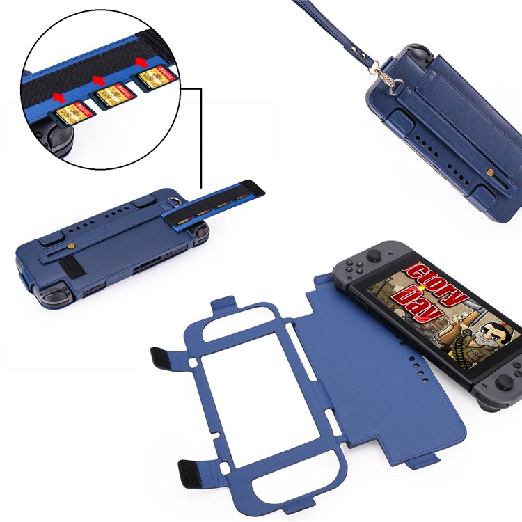 For Nintendo Switch 2017 Game Card Holder Leather Protective Cover with Kickstand and Wrist Strap - Blue-15