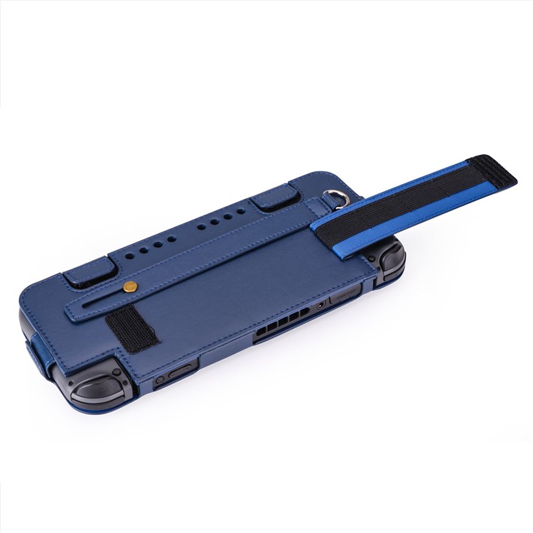 For Nintendo Switch 2017 Game Card Holder Leather Protective Cover with Kickstand and Wrist Strap - Blue-3