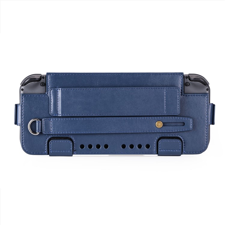 For Nintendo Switch 2017 Game Card Holder Leather Protective Cover with Kickstand and Wrist Strap - Blue-4