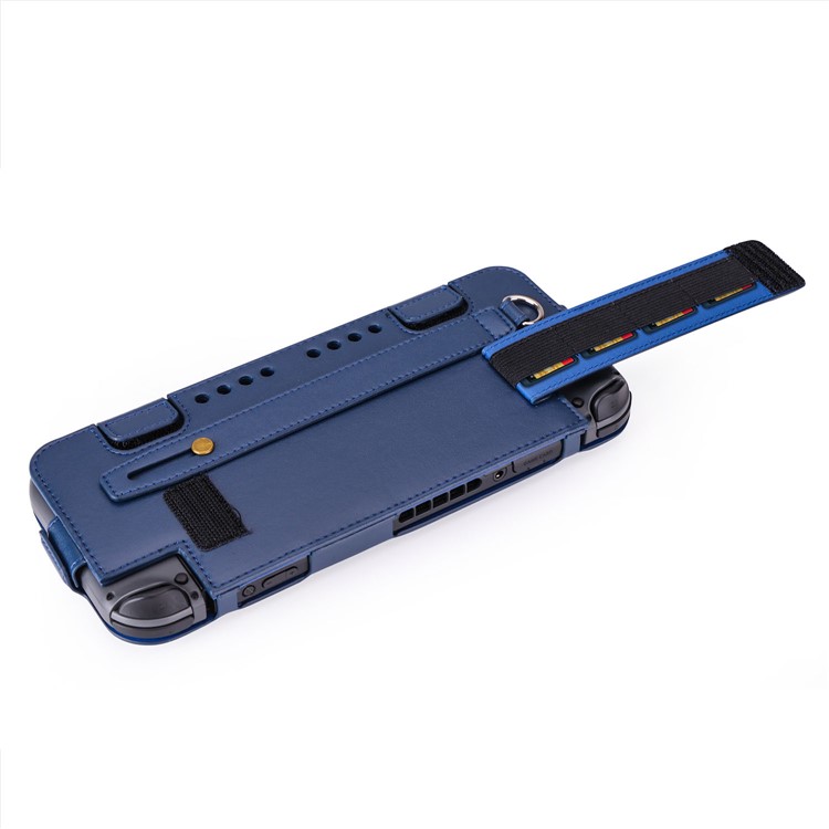 For Nintendo Switch 2017 Game Card Holder Leather Protective Cover with Kickstand and Wrist Strap - Blue-5