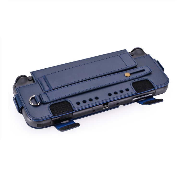 For Nintendo Switch 2017 Game Card Holder Leather Protective Cover with Kickstand and Wrist Strap - Blue-7