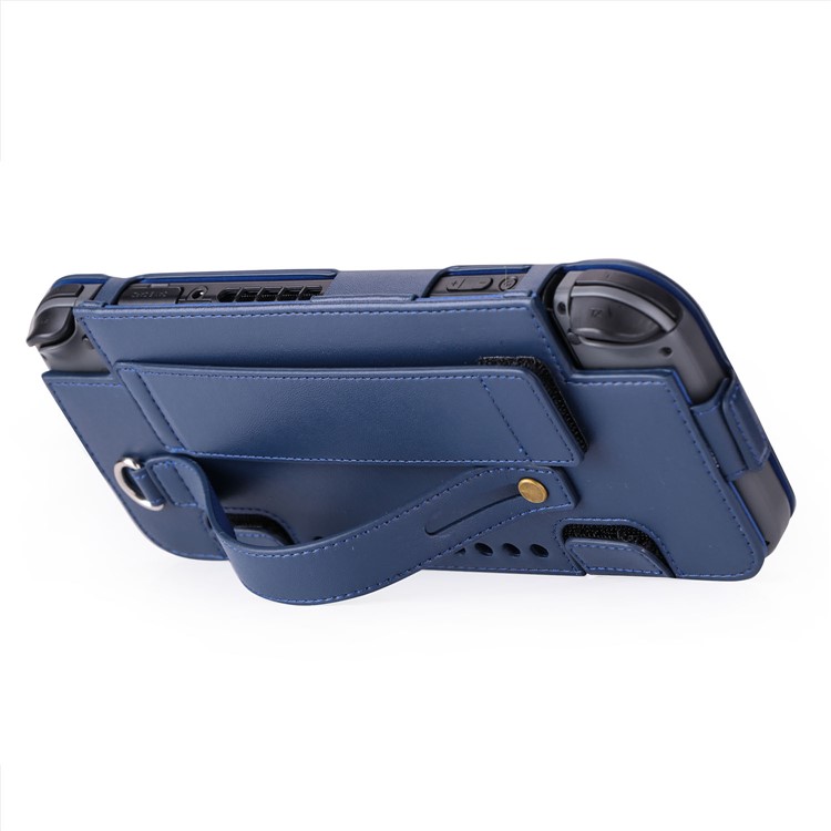 For Nintendo Switch 2017 Game Card Holder Leather Protective Cover with Kickstand and Wrist Strap - Blue-8
