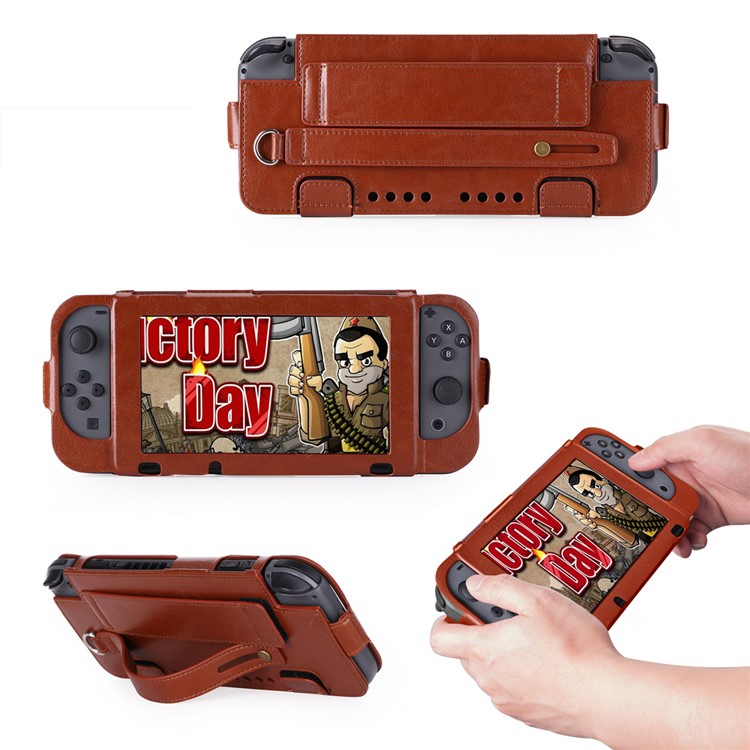 Game Card Slots Leather Case with Kickstand and Wrist Strap for Nintendo Switch 2017 - Brown-1