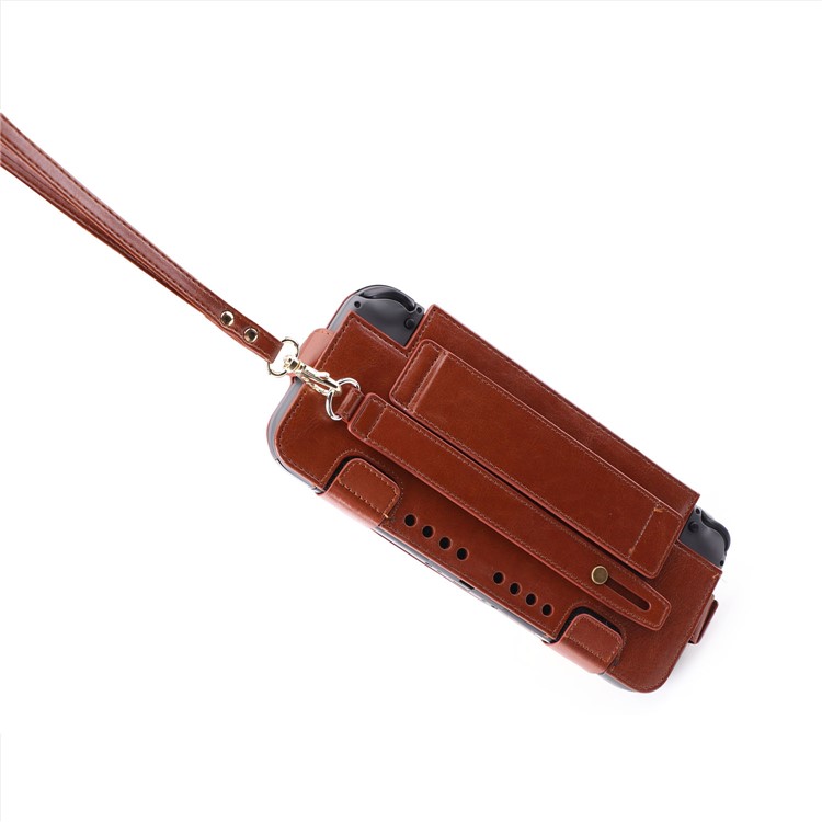 Game Card Slots Leather Case with Kickstand and Wrist Strap for Nintendo Switch 2017 - Brown-10