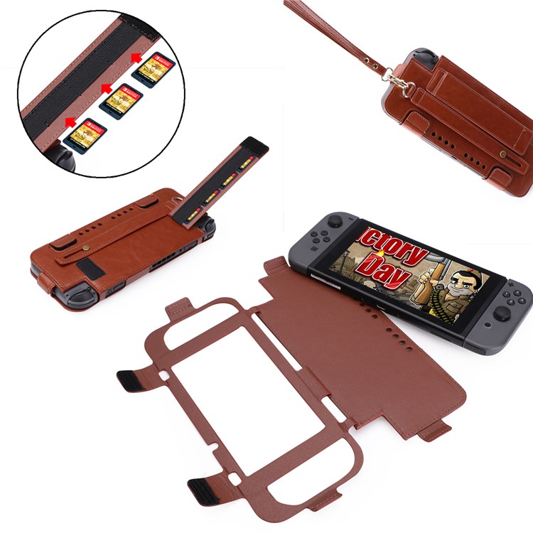 Game Card Slots Leather Case with Kickstand and Wrist Strap for Nintendo Switch 2017 - Brown-15