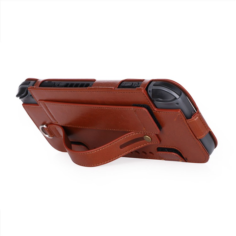 Game Card Slots Leather Case with Kickstand and Wrist Strap for Nintendo Switch 2017 - Brown-3