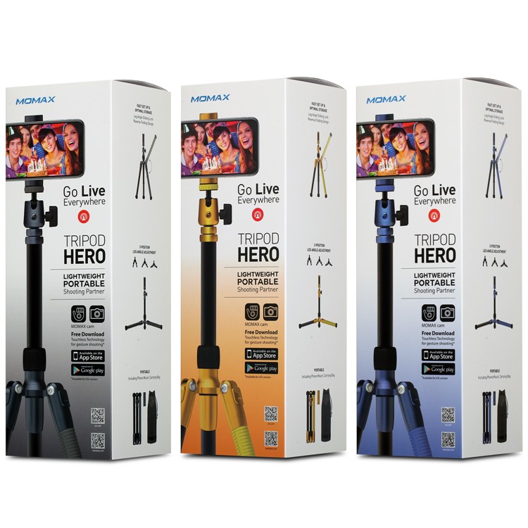 MOMAX Tritod Hero Extrendable Trípode Monopod Camera Fotografía Soporte de Soporte Selfie Stick Con Clip de Teléfono - Gris