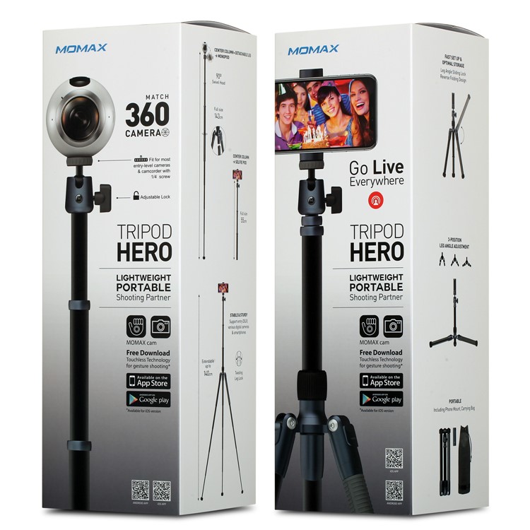 MOMAX Tritod Hero Extrendable Trípode Monopod Camera Fotografía Soporte de Soporte Selfie Stick Con Clip de Teléfono - Gris